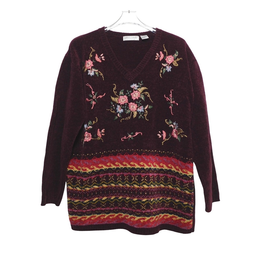 Carolyn Taylor Womens‎ Burgundy Chenille Floral Embroidered V-Neck Sweater Large